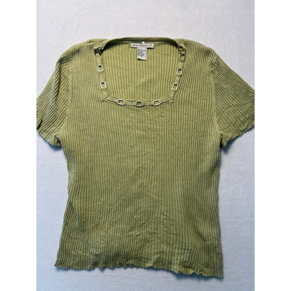 Requirements XL Knit Top Y2K Sage Green Ribbed Square Neck Silver Hardware 90s
